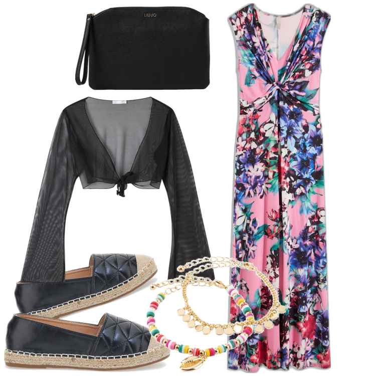 Outfit donna - Scalda cuore. Stile 70s per Serata fuori. Abbinamento con vestiti lunghi, braccialetti con ciondoli, bolero, espadrillas, clutch.