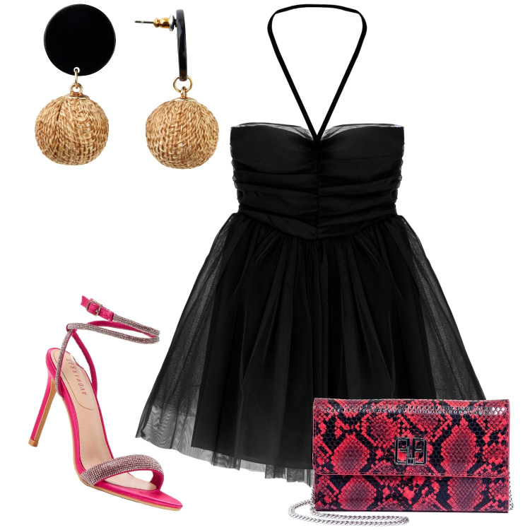 Outfit donna - L\'orlo trasparente. Stile Chic per Serata fuori. Abbinamento con orecchini, sandali col tacco, pochette, vestiti corti.