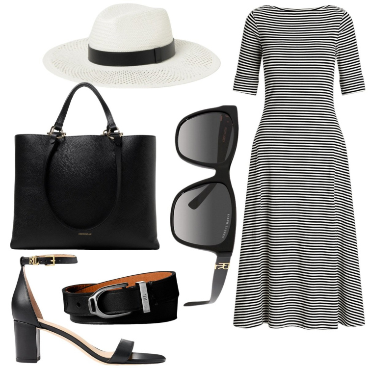 Outfit donna - Black & White sempre elegantemente. Stile Glamour per Mare. Abbinamento con occhiali da sole, braccialetti, sandali in pelle, vestiti, cappelli, borse tote.