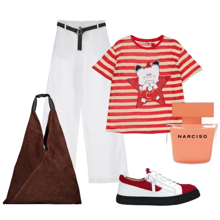 Outfit donna - Disinvolta con la stringata bicolor. Stile Trendy per Tutti i giorni. Abbinamento con sneakers, profumi, t-shirt, pantaloni a palazzo, borse a spalla.