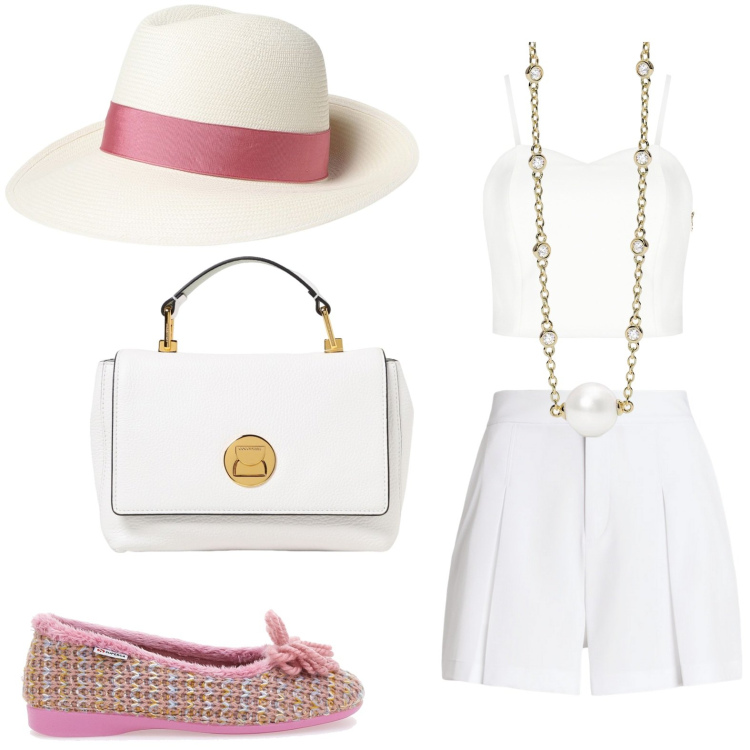 Outfit donna - Sofisticata. Stile Bon Ton per Tutti i giorni. look ideale per Petite. Abbinamento con collane, top, minigonne, pantofole, cappelli, borse a tracolla.