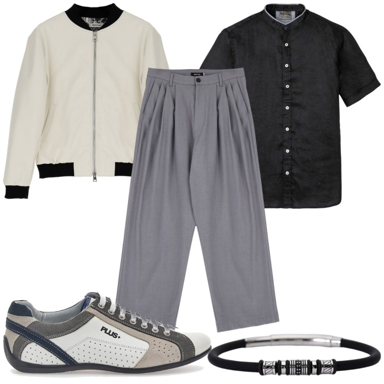 Outfit uomo - Total look #1939169. Stile Trendy per Tutti i giorni. Abbinamento con camicie a manica corta, braccialetti, giacche, pantaloni, scarpe stringate.