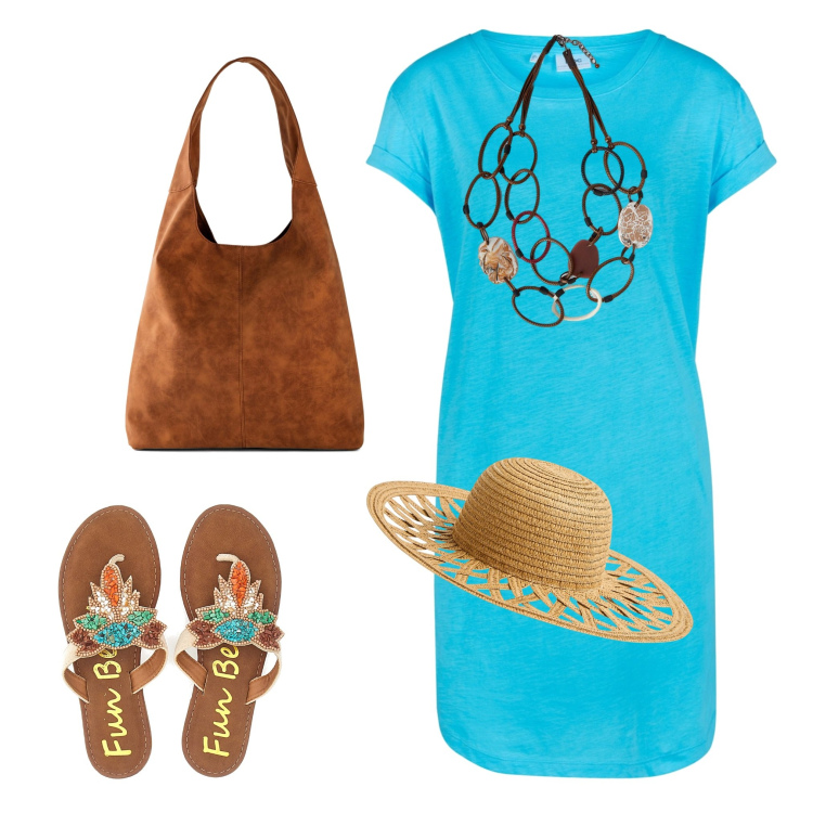 Outfit donna - In vacanza. Stile Casual chic per Mare. Abbinamento con vestiti, shopping bag, cappelli, collane, infradito.