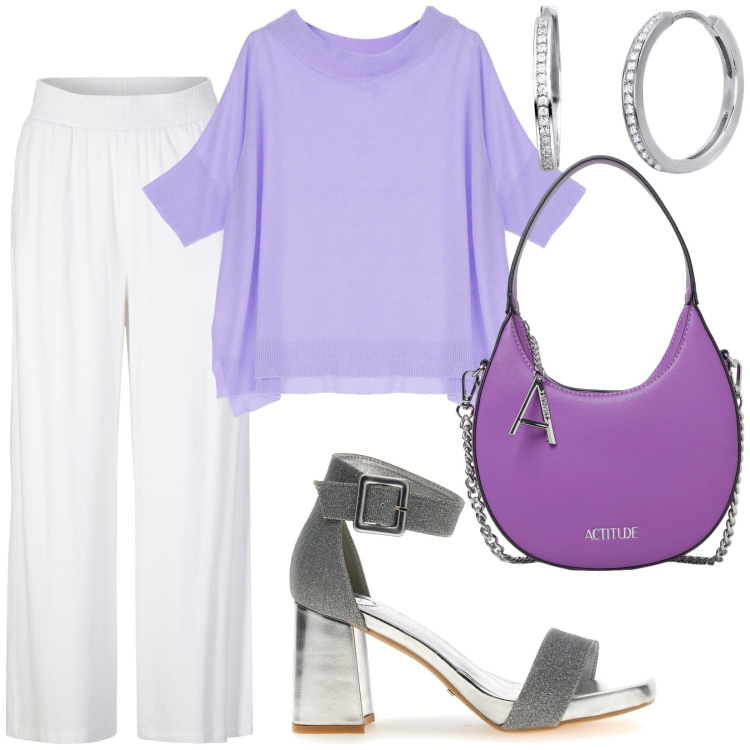 Outfit donna - Borsa viola. Stile Chic per Serata fuori. Abbinamento con pantaloni, orecchini, maglieria, borse a spalla, sandali col tacco.