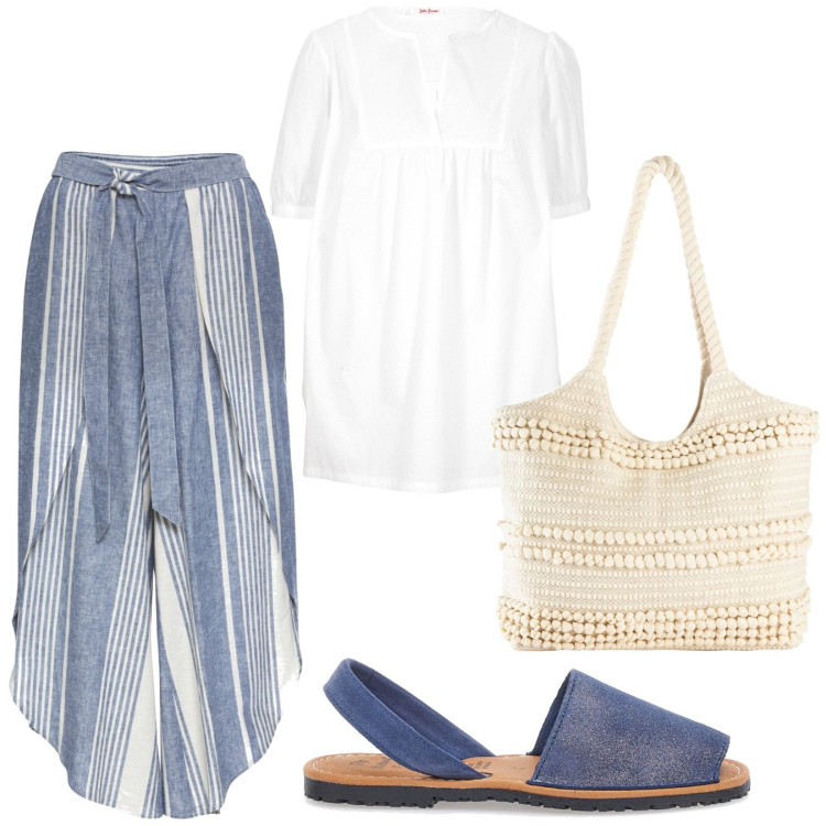 Outfit donna - Gonna a righe. Stile Boho per Mare. Abbinamento con bluse, shopping bag, pantaloni a palazzo, sandali in pelle.