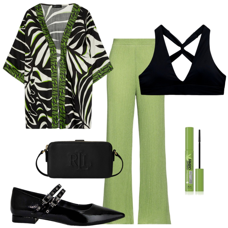 Outfit donna - Le ballerine borchiate. Stile Casual per Tutti i giorni. look ideale per Petite. Abbinamento con pantaloni, mascara, top, portafogli, ballerine, kimono.