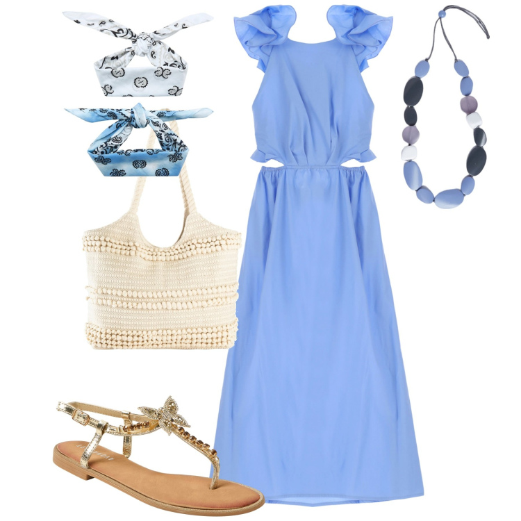 Outfit donna - Al mare. Stile Trendy per Mare. Abbinamento con shopping bag, sandali gioiello, fasce per capelli, vestiti lunghi, collane.