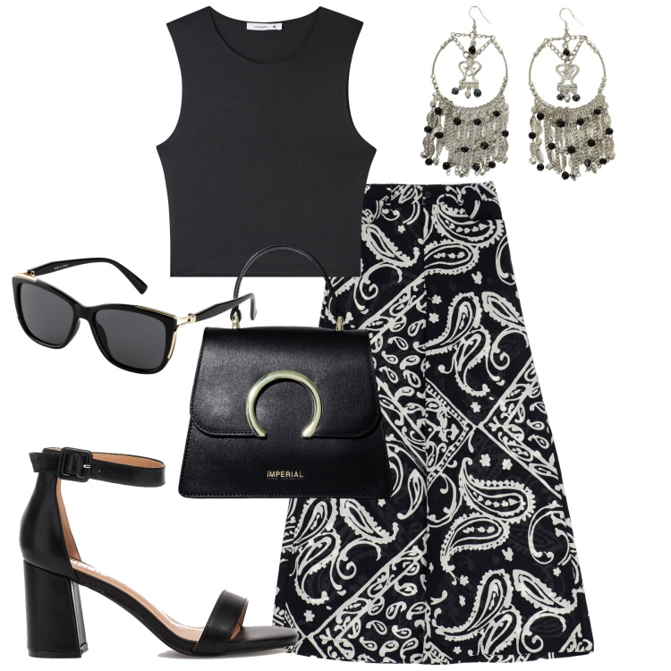 Outfit donna - Fantasia Paisley. Stile Casual chic per Tutti i giorni. Abbinamento con occhiali da sole, canottiere, pantaloni a palazzo, borse a spalla, orecchini, sandali col tacco.