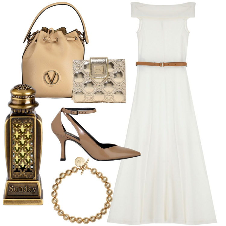 Outfit donna - Di bianco vestita. Stile Glamour per Ufficio. Abbinamento con profumi, vestiti midi/longuette, décolleté, braccialetti, borse a spalla, portafogli.