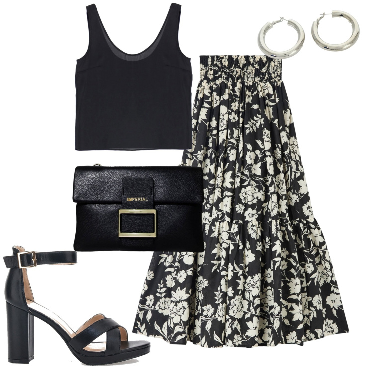 Outfit donna - Total look #1939194. Stile Casual chic per Tutti i giorni. Abbinamento con gonne lunghe, pochette, canottiere, orecchini, sandali col tacco.