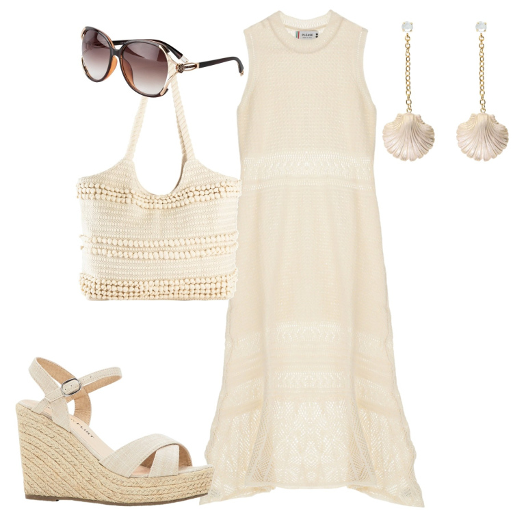 Outfit donna - Colori naturali. Stile Casual chic per Tutti i giorni. Abbinamento con occhiali da sole, shopping bag, sandali, vestiti lunghi, orecchini.