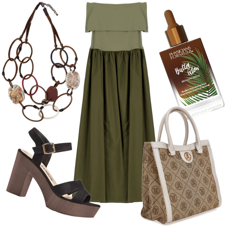 Outfit donna - Collo in vista. Stile Glamour per Tutti i giorni. Abbinamento con sandali col tacco, terre, vestiti lunghi, borse a tracolla, collane.