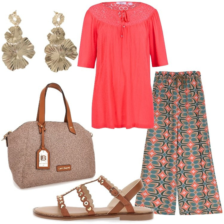 Outfit donna - Etnico in ufficio. Stile Etnico per Ufficio. Abbinamento con tuniche, pantaloni cargo, orecchini, borse a spalla, sandali.