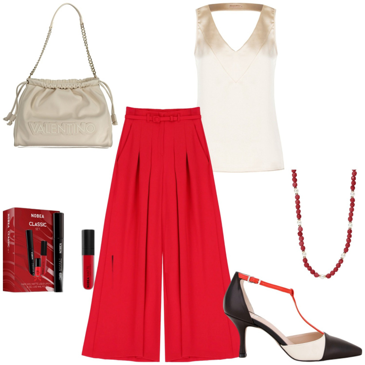 Outfit donna - Total look #1939207. Stile Chic per Serata fuori. Abbinamento con mascara, collane, top, pantaloni a palazzo, sandali col tacco, borse a spalla.