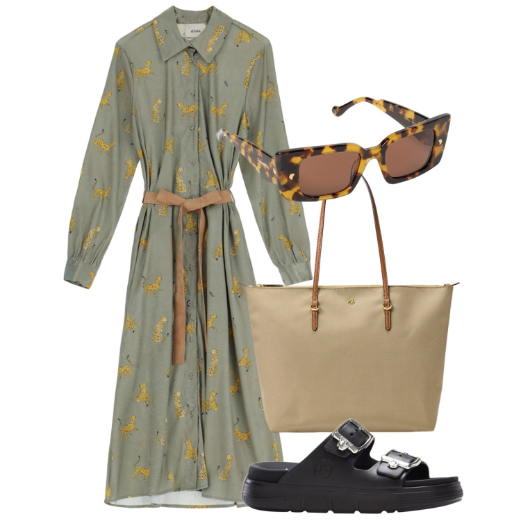 Outfit donna - Rientro. Stile Bon Ton per Ufficio. Abbinamento con ciabatte, vestiti midi/longuette, borse tote, occhiali da sole.