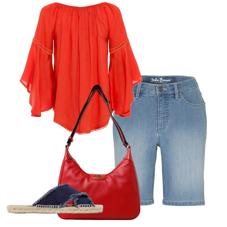 Outfit donna - Tra amiche. Stile Casual per Tutti i giorni. Abbinamento con bermuda, bluse, borse a spalla, sandali.