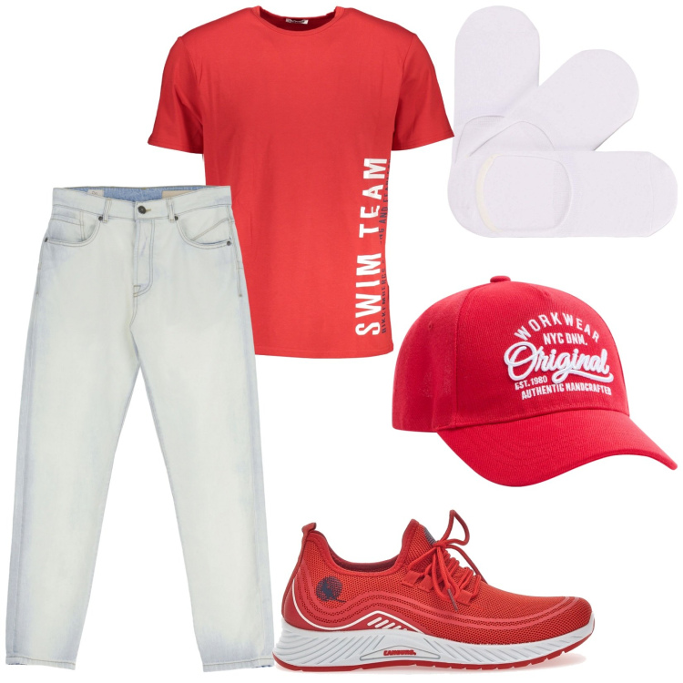 Outfit uomo - Total look #1939224. Stile Casual per Tutti i giorni. Abbinamento con cappelli, calzini, jeans slim fit, sneakers, t-shirt.
