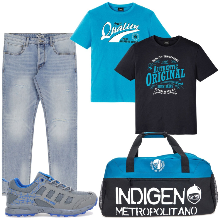 Outfit uomo - Total look #1939232. Stile Casual per Ufficio. Abbinamento con t-shirt, jeans slim fit, borse sportive, scarpe sportive.