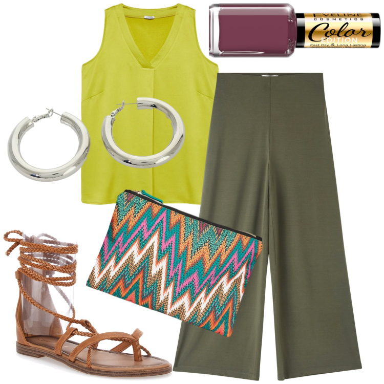 Outfit donna - Fluida. Stile Trendy per Tutti i giorni. Abbinamento con smalti, pantaloni culotte, orecchini, sandali alla schiava, pochette, top.