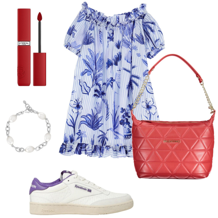 Outfit donna - Vestito con stampa e sneackers. Stile Basic per Tutti i giorni. look ideale per Petite. Abbinamento con rossetti, braccialetti, vestiti corti, sneakers, borse a spalla.