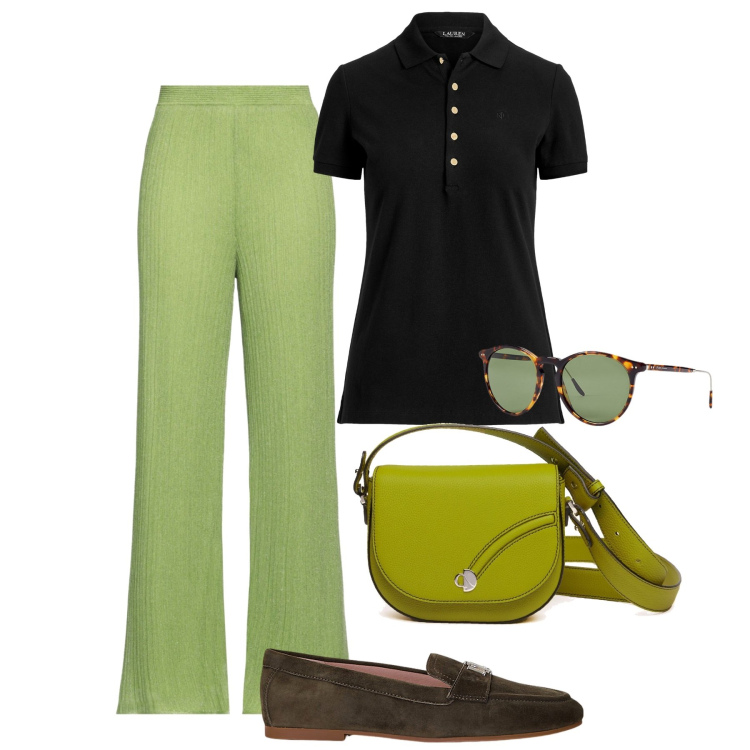 Outfit donna - Prato di fine agosto. Stile Mannish per Ufficio. Abbinamento con pantaloni, polo, occhiali da sole, mocassini, borse a tracolla.