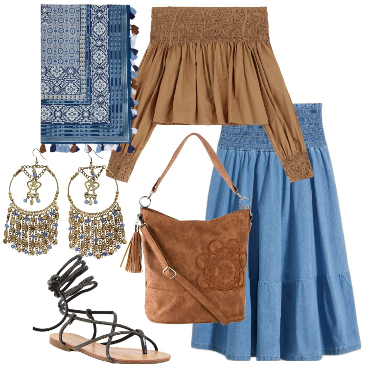 Outfit donna - Siviglia. Stile Etnico per Tutti i giorni. Abbinamento con borse a mano, gonne, sandali alla schiava, bluse, orecchini, foulard.