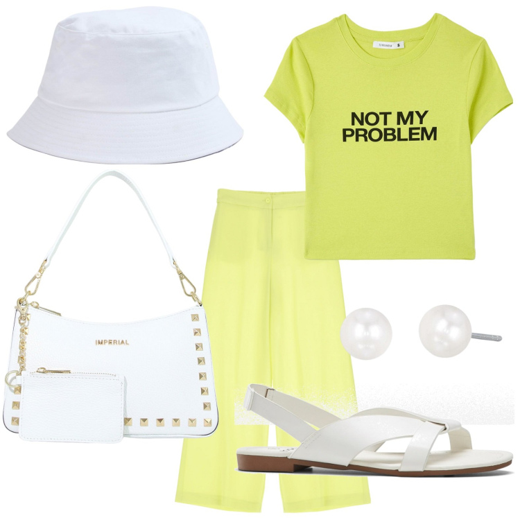 Outfit donna - T-shirt con scritta messaggio. Stile Casual per Tutti i giorni. look ideale per Petite. Abbinamento con sandali, cappelli, t-shirt, orecchini, borse a spalla, pantaloni.