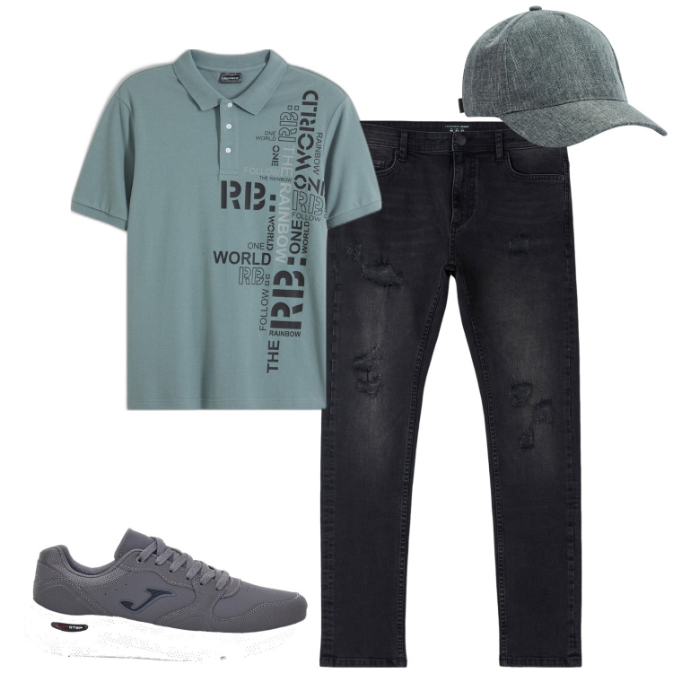 Outfit uomo - Total look #1939337. Stile Casual per Tutti i giorni. Abbinamento con polo, jeans strappati, cappelli, sneakers.