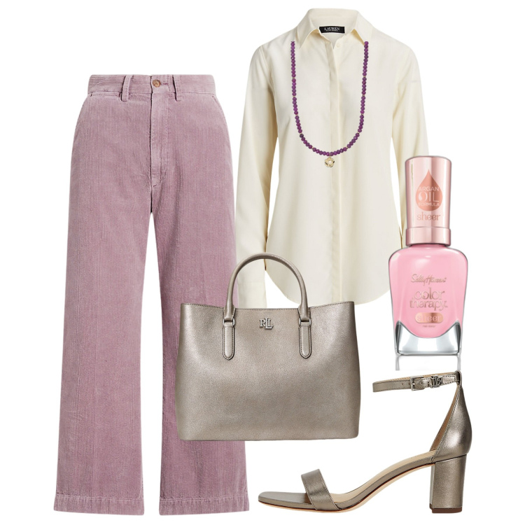 Outfit donna - Mannish col tacco. Stile Mannish per Ufficio. Abbinamento con smalti, collane, camicie, pantaloni, borse a mano, sandali in pelle.