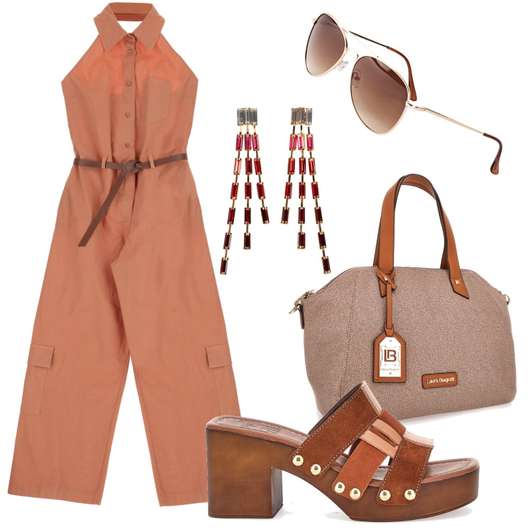 Outfit donna - La jumpsuite ambra con gli zoccoli. Stile Trendy per Tutti i giorni. Abbinamento con occhiali da sole, orecchini, tute, zoccoli, borse a spalla.