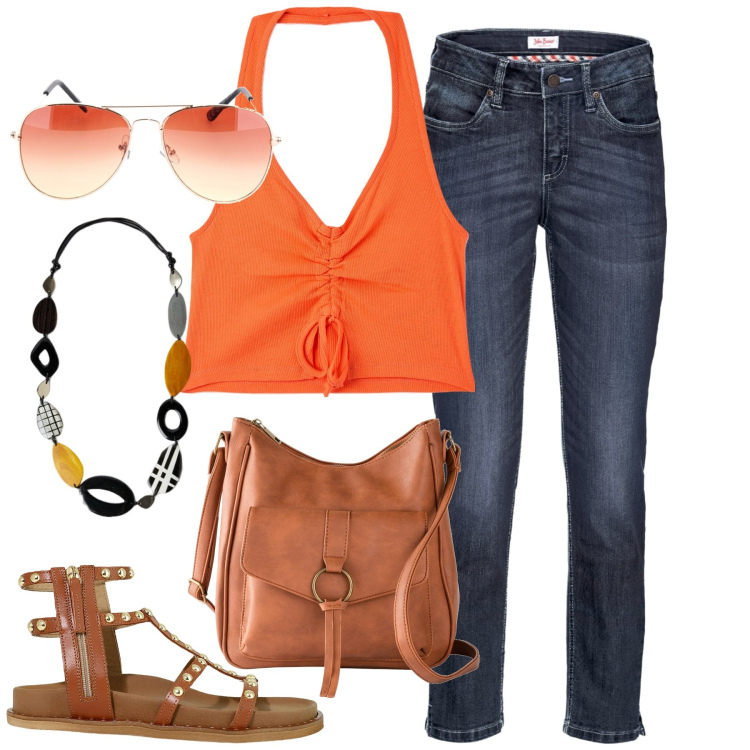 Outfit donna - Summer. Stile Casual chic per Tutti i giorni. Abbinamento con jeans, borse a tracolla, top, sandali, collane, occhiali da sole.