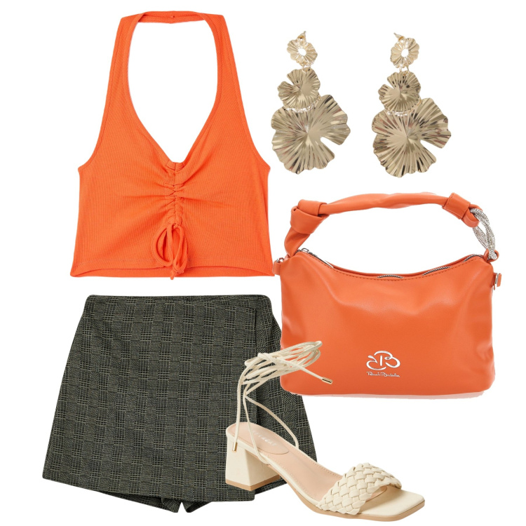 Outfit donna - Estate. Stile Chic per Tutti i giorni. Abbinamento con minigonne, top, sandali alla schiava, orecchini, borse a mano.
