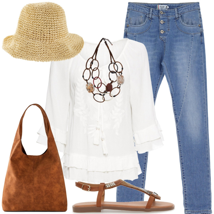 Outfit donna - Al mare. Stile Boho per Mare. Abbinamento con cappelli, tuniche, shopping bag, jeans, sandali gioiello, collane.