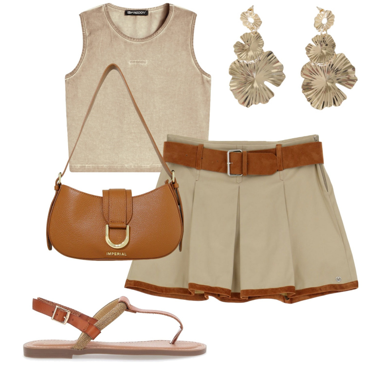 Outfit donna - Sand. Stile Casual chic per Tutti i giorni. Abbinamento con top, borse a spalla, minigonne, orecchini, sandali.