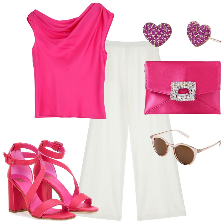 Outfit donna - Serata. Stile Trendy per Serata fuori. Abbinamento con occhiali da sole, orecchini, pantaloni a palazzo, canottiere, sandali col tacco, borse a mano.