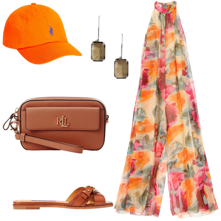 Outfit donna - Jumpsuit floreale. Stile Casual per Tutti i giorni. look ideale per Petite. Abbinamento con tute, cappelli, pochette, sandali col tacco, orecchini.