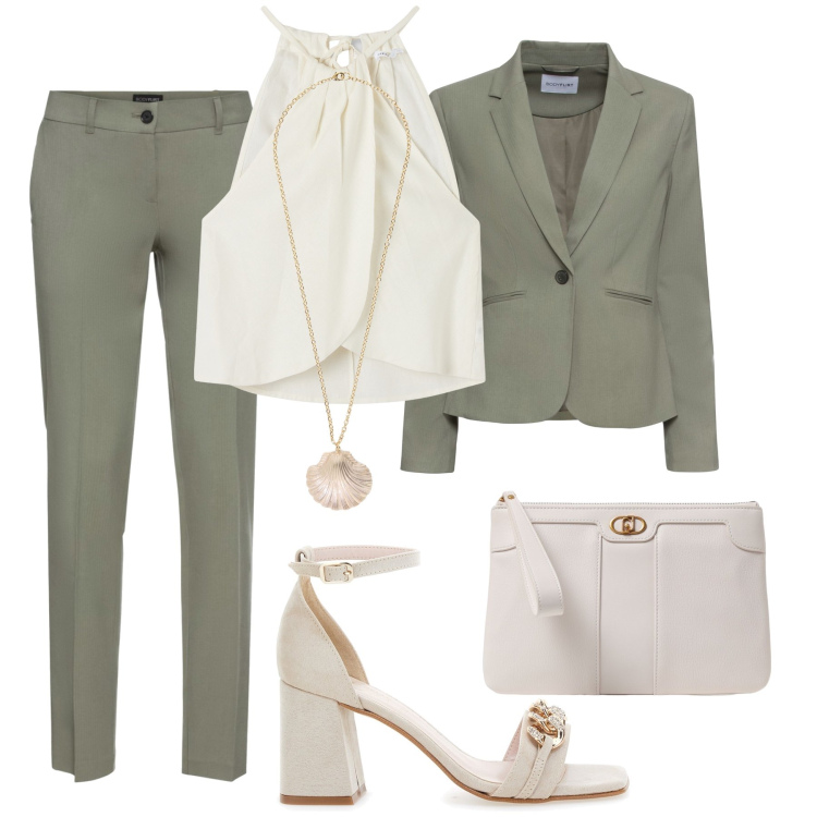 Outfit donna - Al colloquio di lavoro. Stile Glamour per Ufficio. Abbinamento con pantaloni, blazer, top, collane, sandali col tacco, clutch.