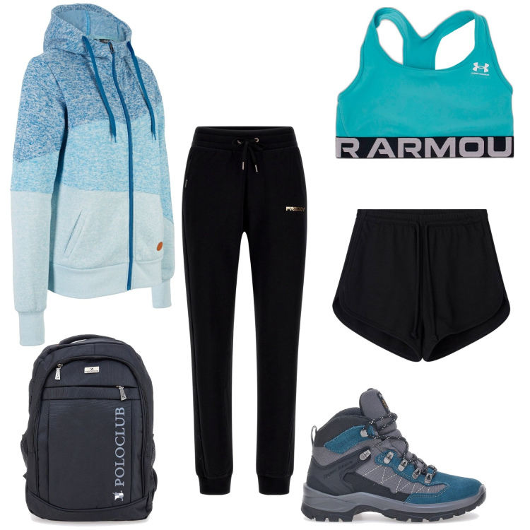 Outfit donna - Escursione sul monte Pelmo. Stile Sporty chic per Tutti i giorni. Abbinamento con blazer, pantaloncini sportivi, pantaloni sportivi, scarpe sportive, borse sportive, top.