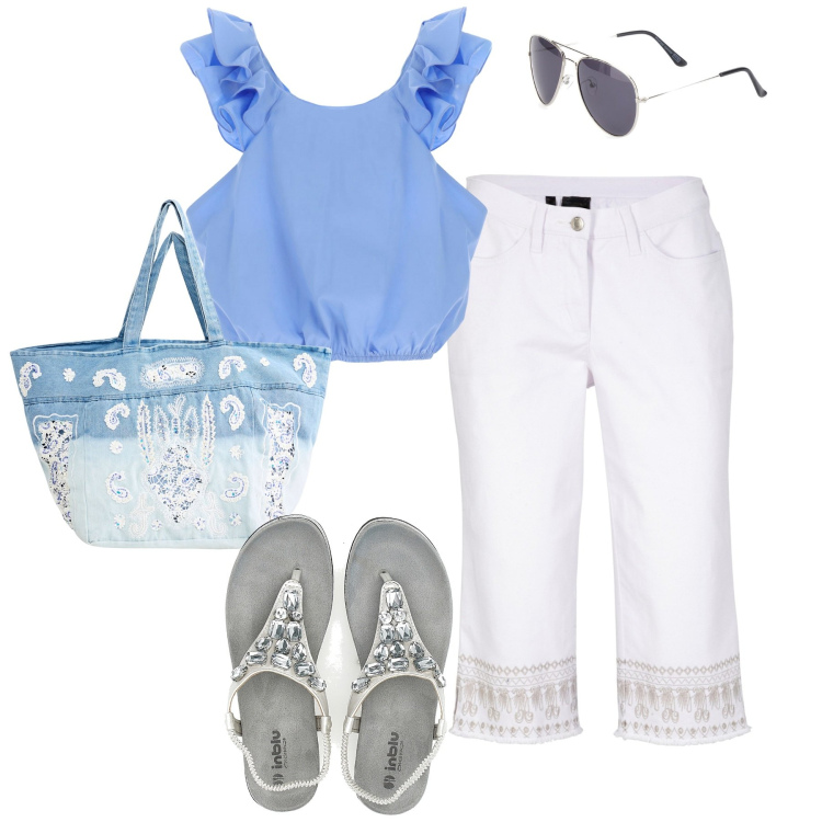 Outfit donna - Ferragosto con gli amici. Stile Casual per Tutti i giorni. Abbinamento con jeans, shopping bag, canottiere, sandali gioiello, occhiali da sole.