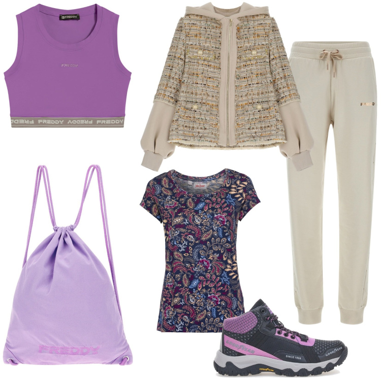 Outfit donna - Passeggiando sul Passo San Pellegrino. Stile Sporty chic per Tutti i giorni. Abbinamento con t-shirt, top sportivi, pantaloni sportivi, zaini, blazer, scarpe sportive.