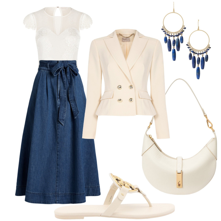 Outfit donna - L’iconica bar jacket & la gonna in jeans. Stile Casual chic per Serata fuori. Abbinamento con body, blazer, borse a spalla, gonne, orecchini, ciabatte.