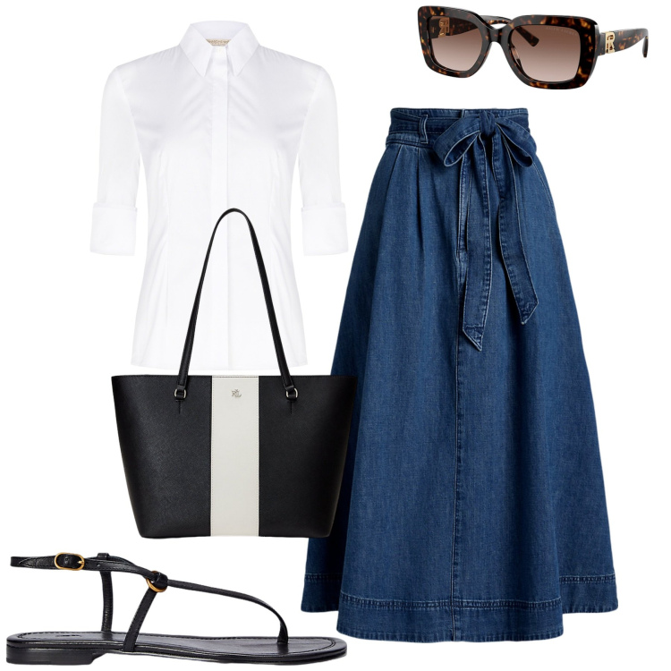 Outfit donna - City. Stile Casual chic per Tutti i giorni. Abbinamento con camicie, sandali in pelle, occhiali da sole, borse tote, gonne.