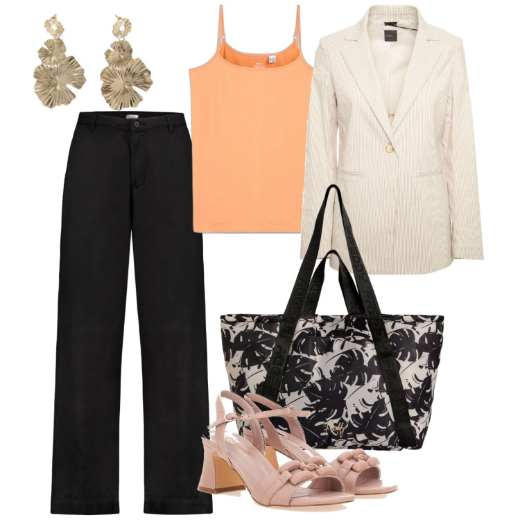 Outfit donna - Bon ton con grinta. Stile Bon Ton per Ufficio. Abbinamento con top, shopping bag, orecchini, pantaloni, sandali, blazer.