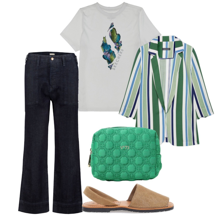 Outfit donna - In città. Stile Bon Ton per Tutti i giorni. Abbinamento con jeans dritti, blazer, t-shirt, pochette, sandali in pelle.