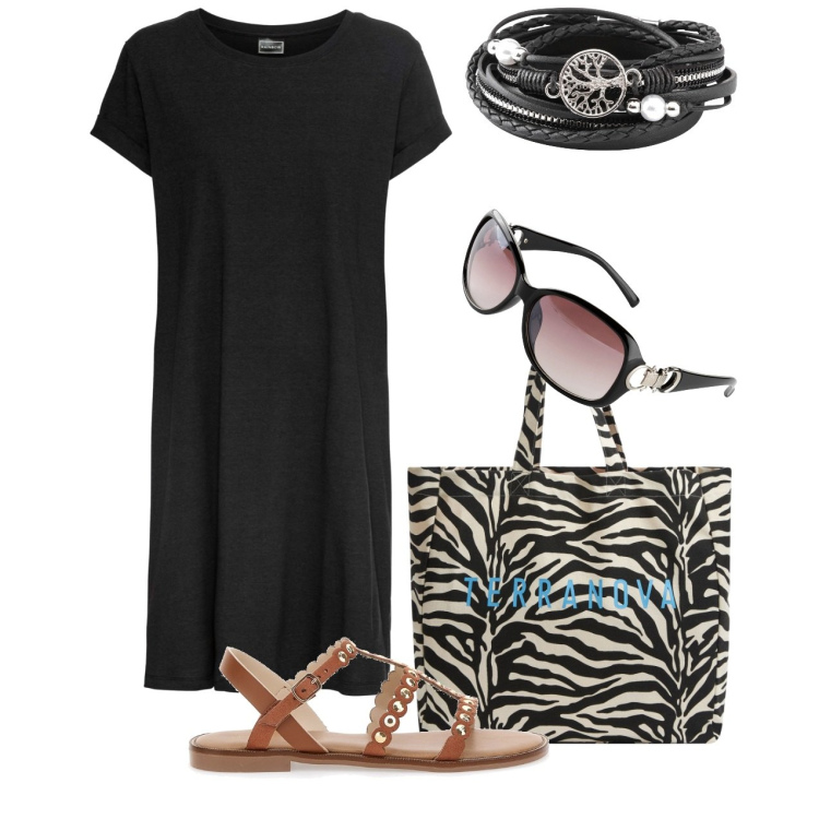 Outfit donna - Dark. Stile Urban per Tutti i giorni. Abbinamento con vestito corto, braccialetti, occhiali da sole, borse tote, sandali.