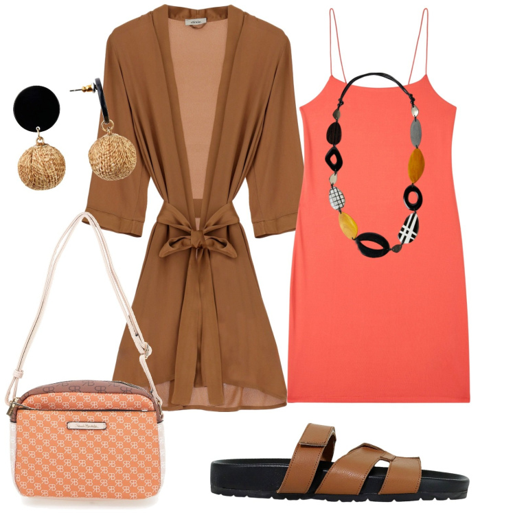 Outfit donna - Total look #1939499. Stile Casual per Tutti i giorni. Abbinamento con orecchini, vestiti lunghi, cardigans, sandali, borse a tracolla, collane.