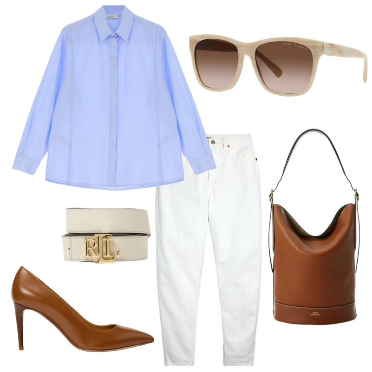 Outfit donna - Look per l\'ufficio. Stile Casual per Tutti i giorni. look ideale per Petite. Abbinamento con camicie, occhiali da sole, borse a secchiello, décolleté, jeans, cinture.