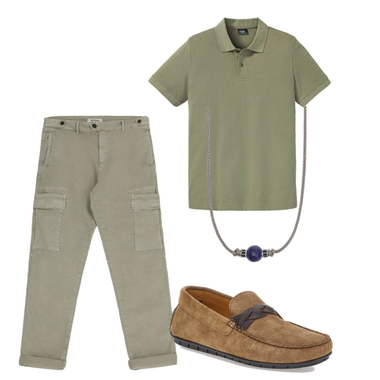 Outfit uomo - Ton sur ton. Stile Casual per Tutti i giorni. Abbinamento con polo, collane, pantaloni cargo, scarpe stringate.