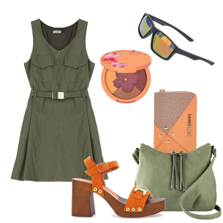 Outfit donna - Mini abito in similpelle e zoccoli. Stile Casual per Tutti i giorni. Abbinamento con borse a tracolla, ombretti, vestiti corti, portafogli, occhiali da sole, zoccoli.