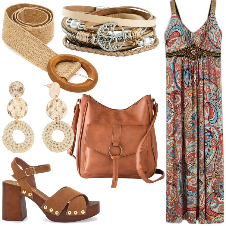 Outfit donna - Etnico estivo. Stile Etnico per Tutti i giorni. Abbinamento con borse a tracolla, braccialetti, orecchini, vestiti lunghi, cinture, zoccoli.